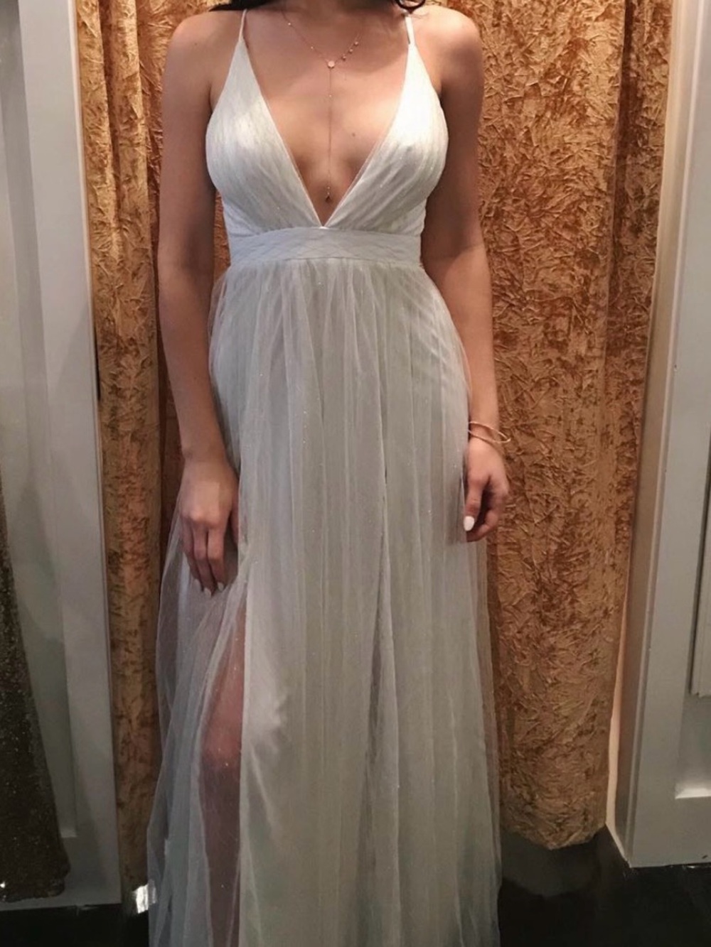 Luxxel Ivory Plunging V-Neck Tulle Maxi Dress